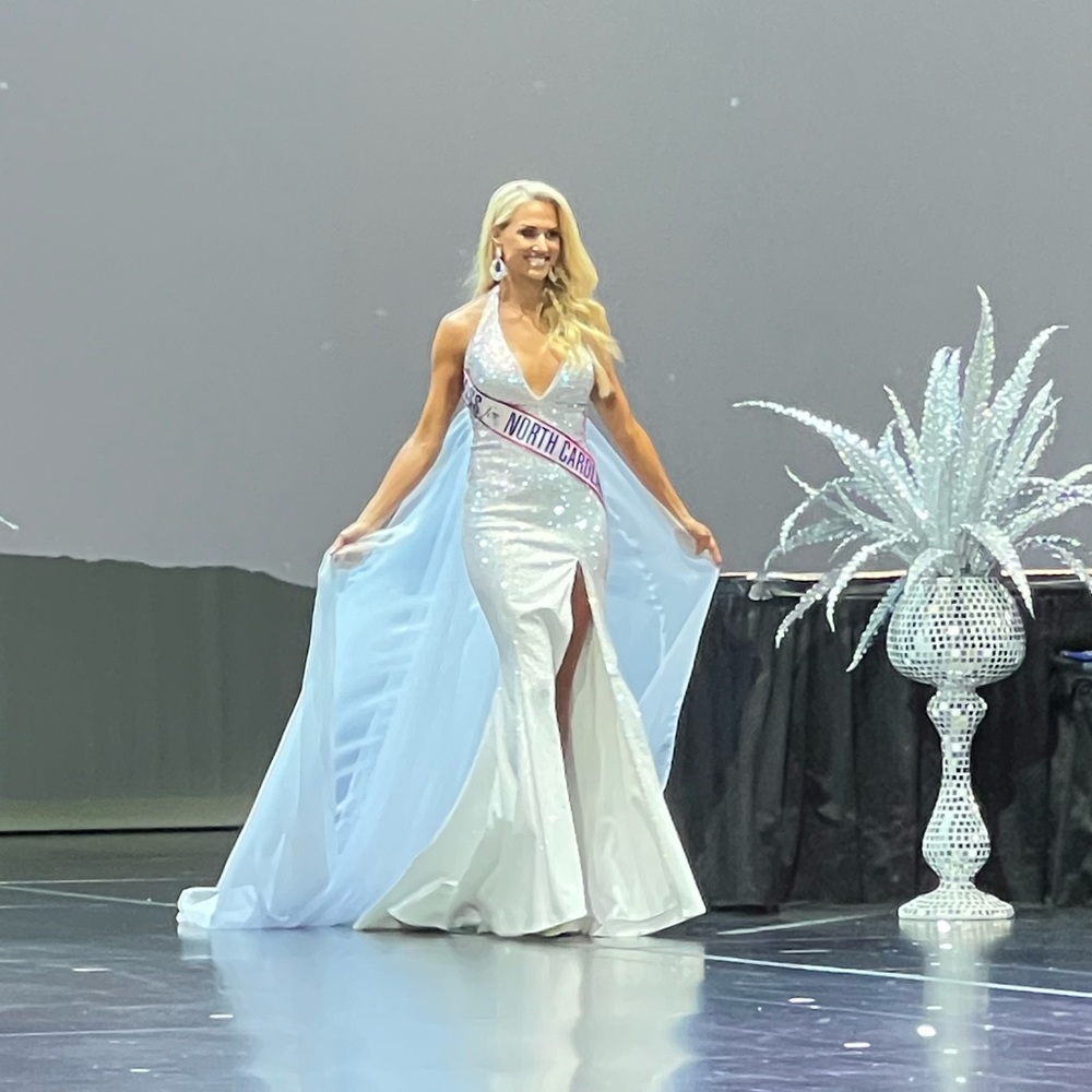 Ashley Lauren custom AB rhinestone encrusted halter gown, detachable train